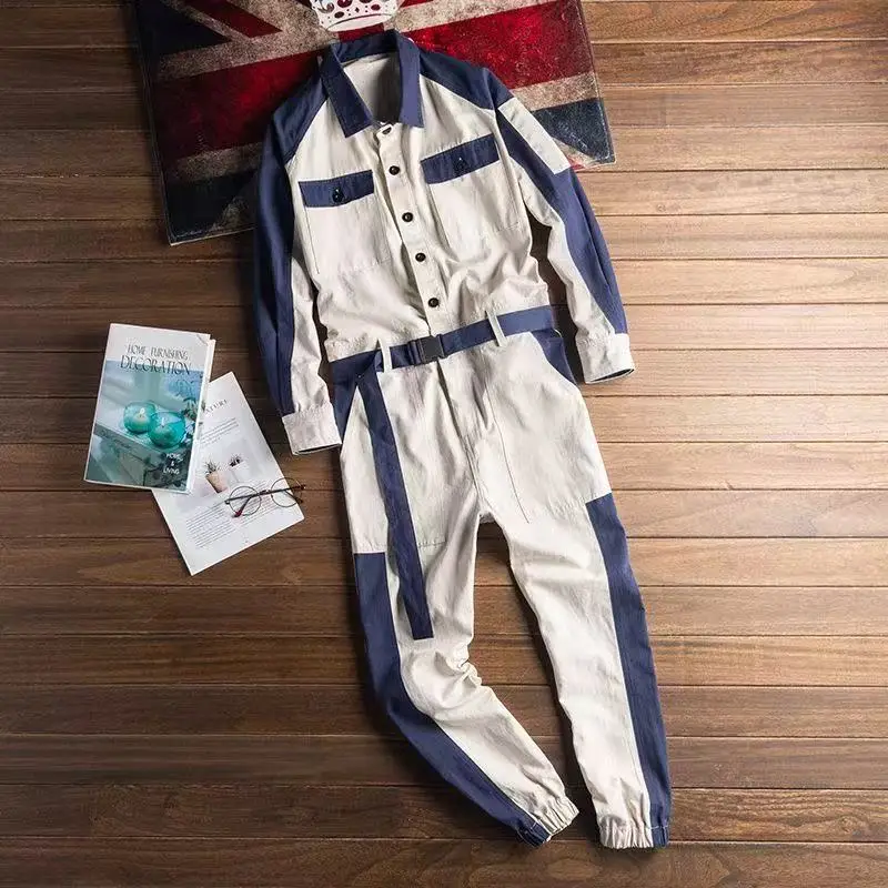 2026 Spring and Autumn New Men's Retro American Workwear Jumpsuit Set, Long Sleeved Pants Jumpsuit With Contrasting Color Design