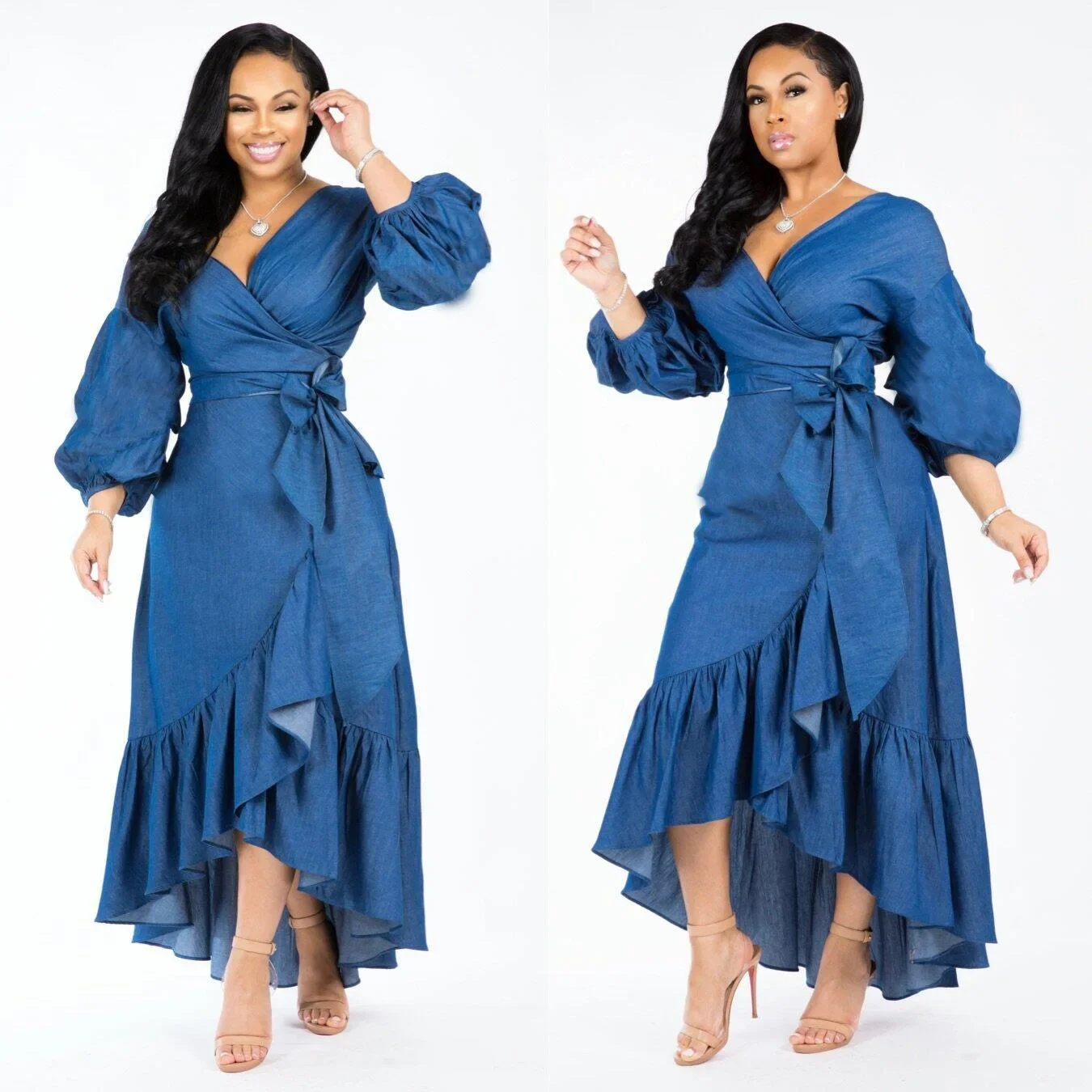 

Popular Women's Casual Women's Ruffled Lantern Sleeves V-Neck Elegant Denim Dress Sexy Dress Dresses for Women Party