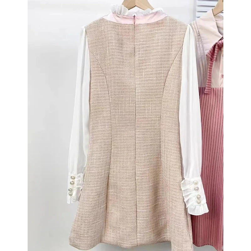 Women Spring Autumn Sweet Pink Mini Dress Korean Lady Graceful Bowknot Patchwork Long Sleeve Dresses 2024 New Tweed Gown Female