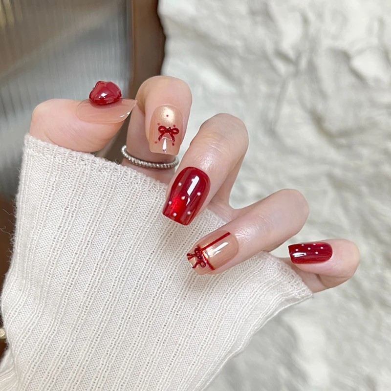 10 Uñas Postizas Elegantes con Diseño de Puntos Rojos y Ojo de Gato, Estilo Moderno, Desmontables