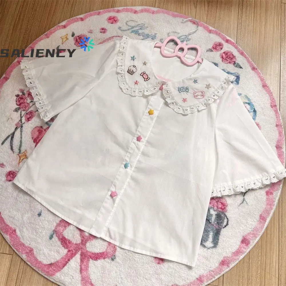 

Summer Short Sleeve Shirt Schoolgirl Doll Collar Rainbow Candy Embroidered Blouse Streetwear Y2k Vintage Tops Japanese Tshirts