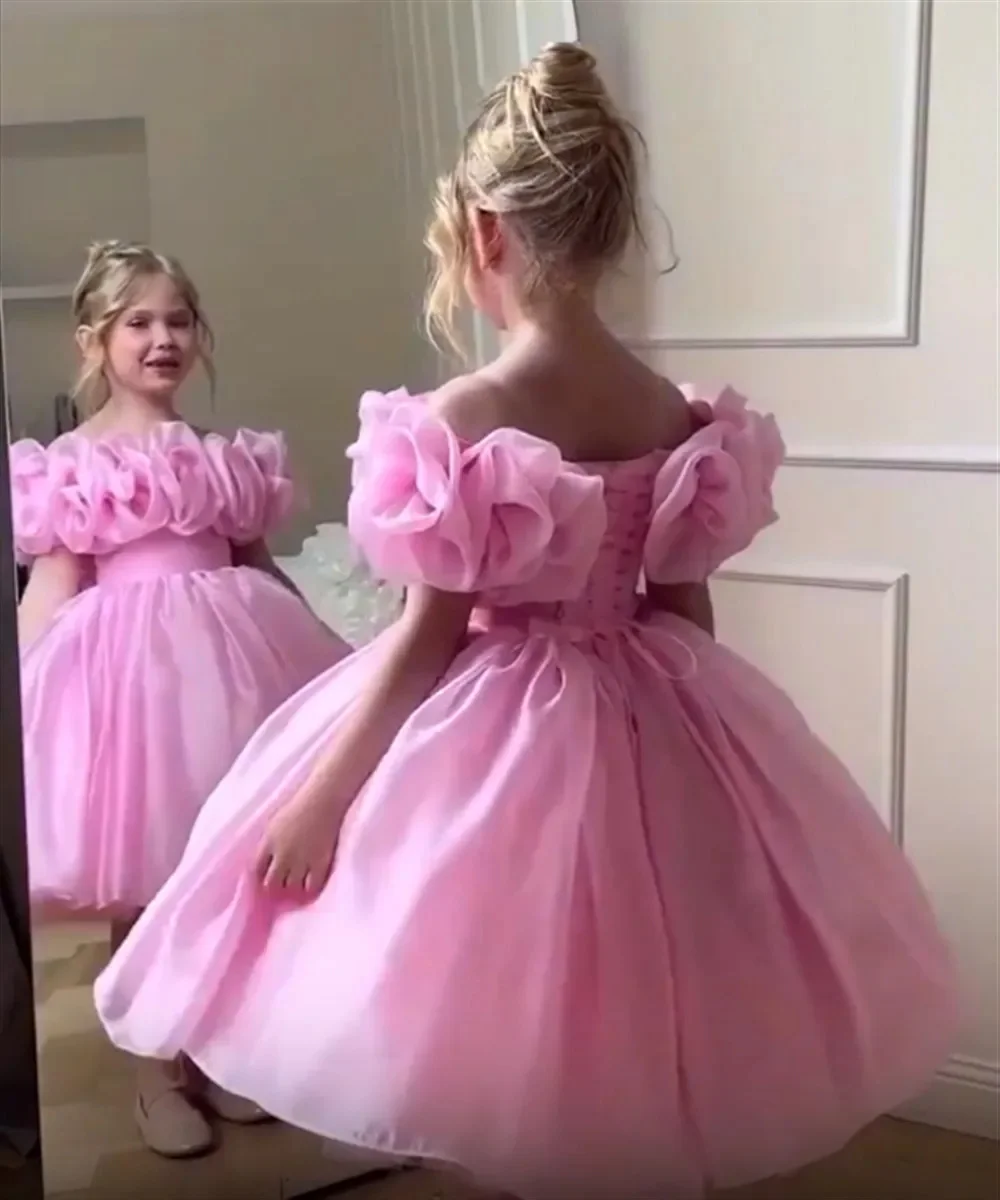 

Индивидуальное розовое платье с цветочным узором для девочек на свадьбу, длиной до колена, с рюшами, милое бальное платье для маленьких девочек на день рождения, для первого причастия
