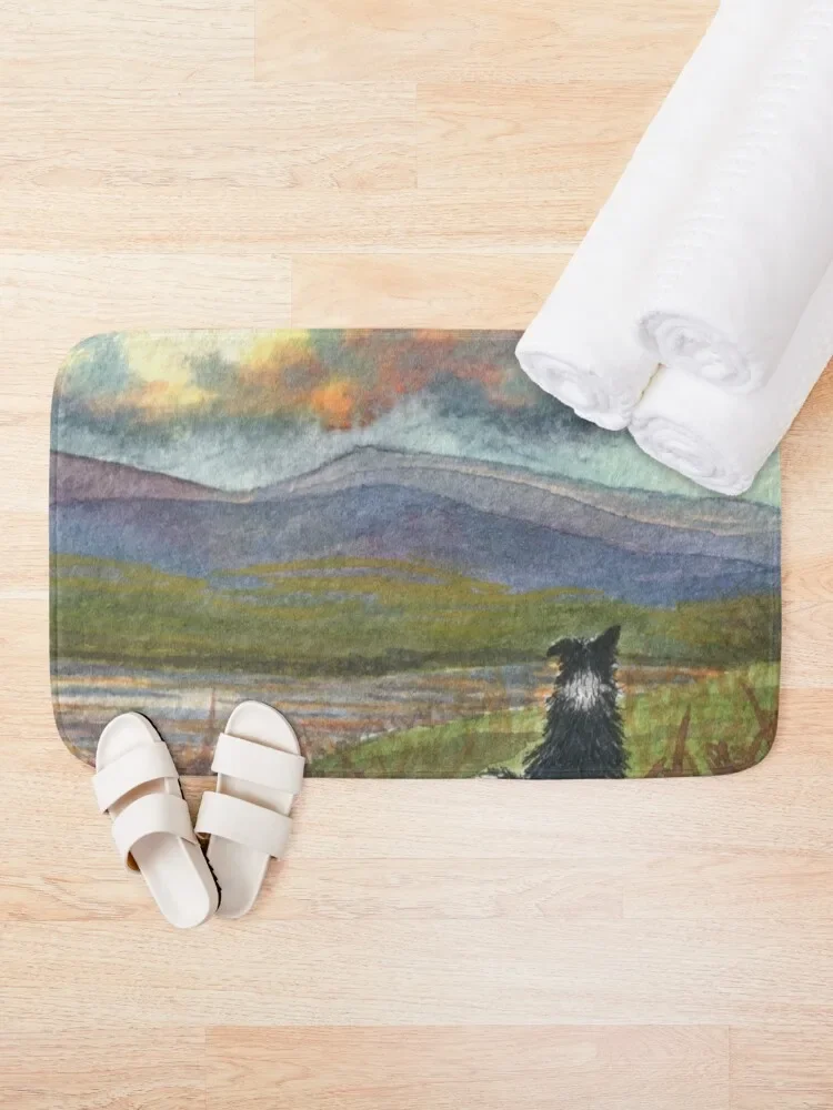 Border collie dog meditates on the hills and mountains before him Bath Mat Bathroom Accessories Sets Luxury Carpet Rug Mat