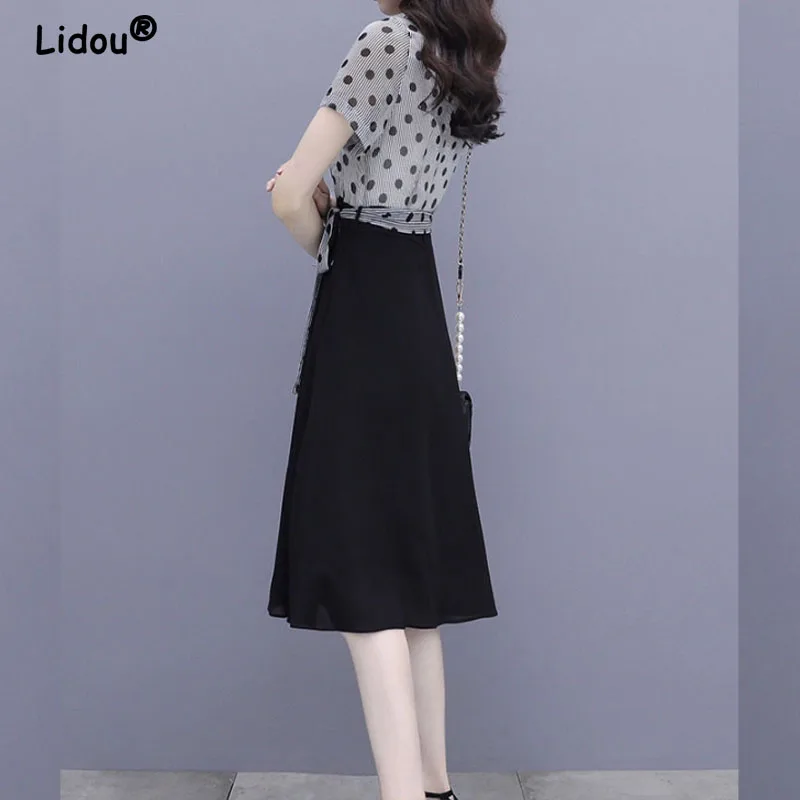 Polo-Neck Chiffon Dress for Women, Polka Dot Printing, Waist Lacing, A-Line Dresses, Elegant Fashion, Korean Chic, New, 2024