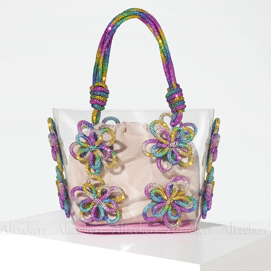 Diamond Flower Clear Beach Tote Bags Women Summer Holiday Boutique Handmade Woven Rope Rhinestone Purses And Handbags Wedding