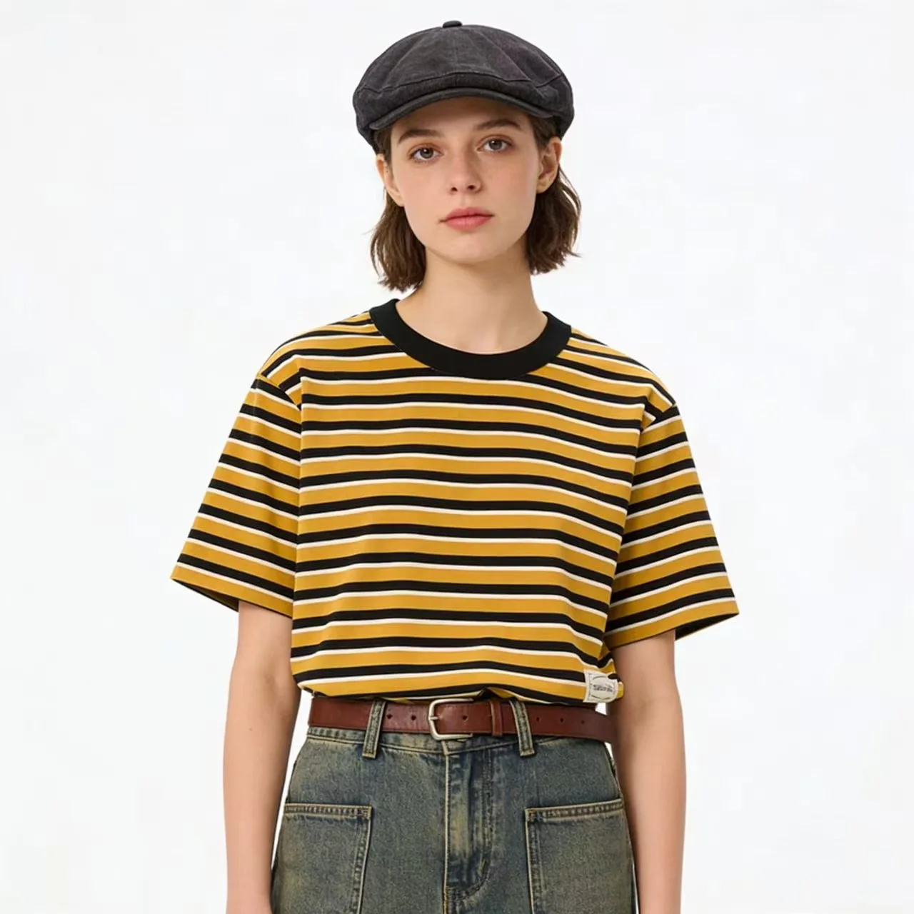 New American Amikaji Retro Shirt 230g Men's Cotton Thin Stripe Short Sleeved T-shirt Sea Soul Shirt
