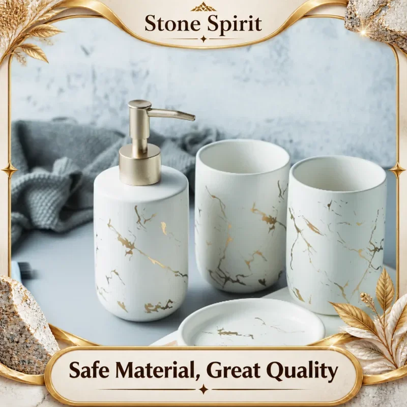 Nordic Light Luxury Marble Pattern Bathroom Supplies Ceramic Toothbrush Holder Lotion Bottle Soap Dish Mouthwash Cup Wash Set