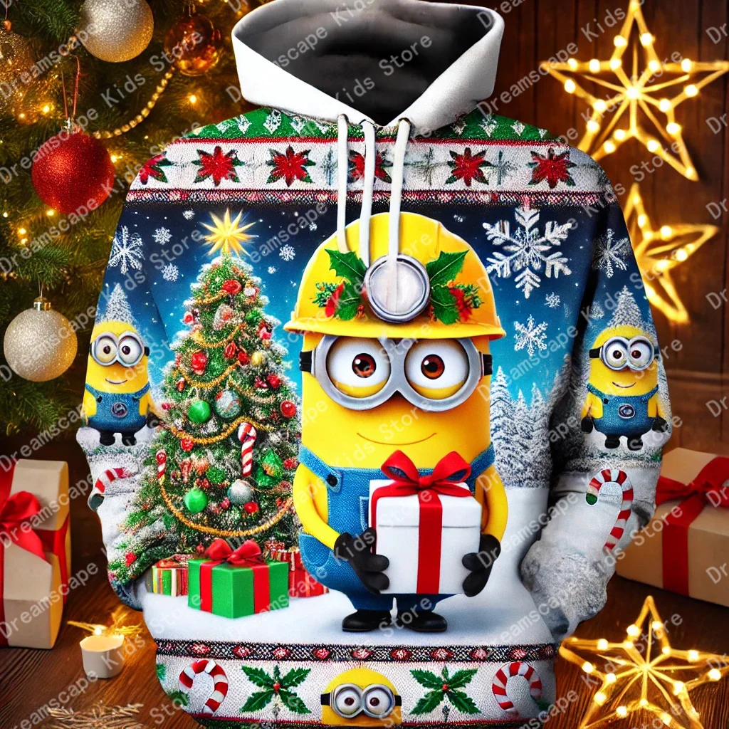 Merry Christmas Men's Women's Minions Holiday Hoodies Casual Style 3D Printed Summer Hip Hop Round Neck Cool Men Clothing Hoodie