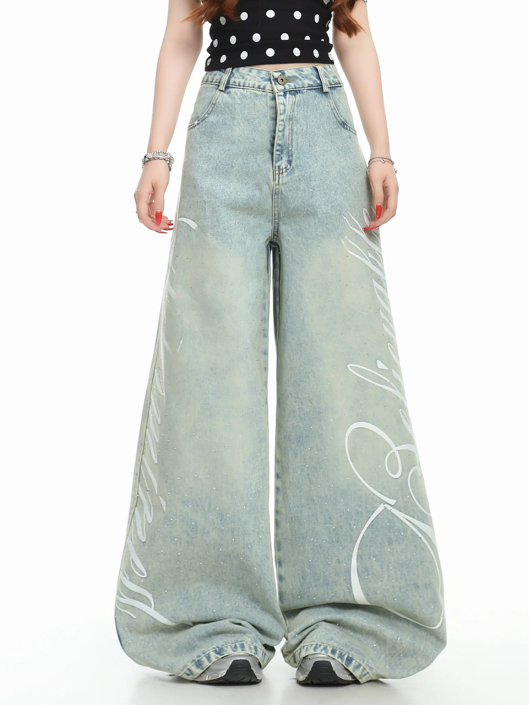 Basterds American Washed Letter Print Rhinestone Denim Jeans Women's Spring Style Slim Wide Leg Pants Long Trousers