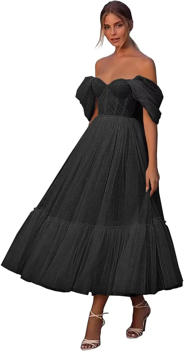 

Eighale Tulle Dotted Tea Length Prom Dresses Off The Shoulder A-Line Formal Evening Party Gown Graduation Dress Homecoming Dress