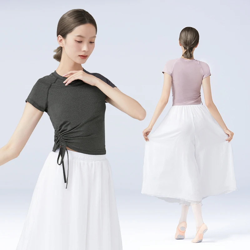 T-shirt d'entraînement de danse de ballet pour femmes et grandes filles, chemises à manches courtes, vêtements de yoga pour adultes, proximité latérale, Wstring