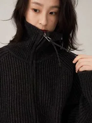 Women's Heavy Black Lapel Pure Cashmere Sweater Coat, Knitted Cardigan, Sense, Niche Design, Zipper Top, Autumn, Winter
