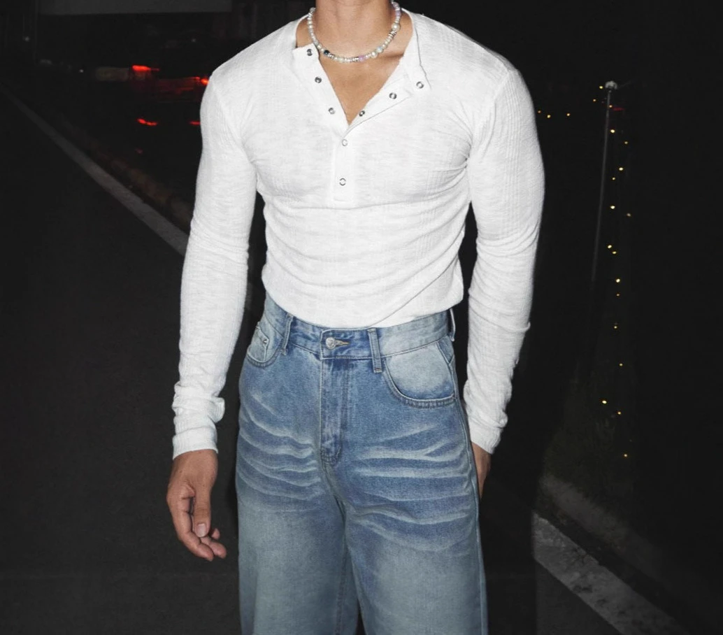 High Elasticity Knitted Men's Half-open Button Tight Long-sleeved T-shirt Thin Breathable Blouse Placket Collar Bottoming Shirt