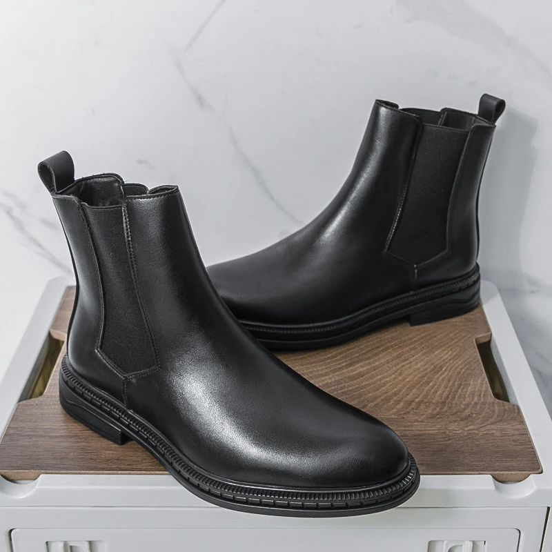 

Мужские ботинки «Челси» в британском стиле, кожаные деловые кожаные туфли с острым носком на толстой подошве, уличные универсальные ботильоны ﻿