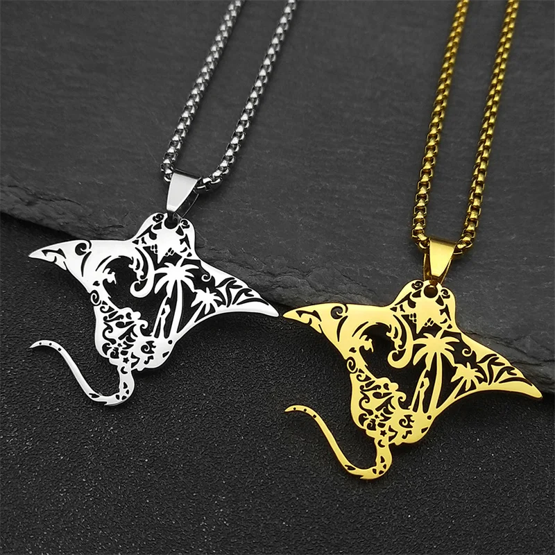 Hohl Manta Ray Meer Teufel Fisch Halskette Für Frauen Männer Edelstahl Gold Farbe Kokospalme Tropische Marine Landschaft Schmuck – Detail 8