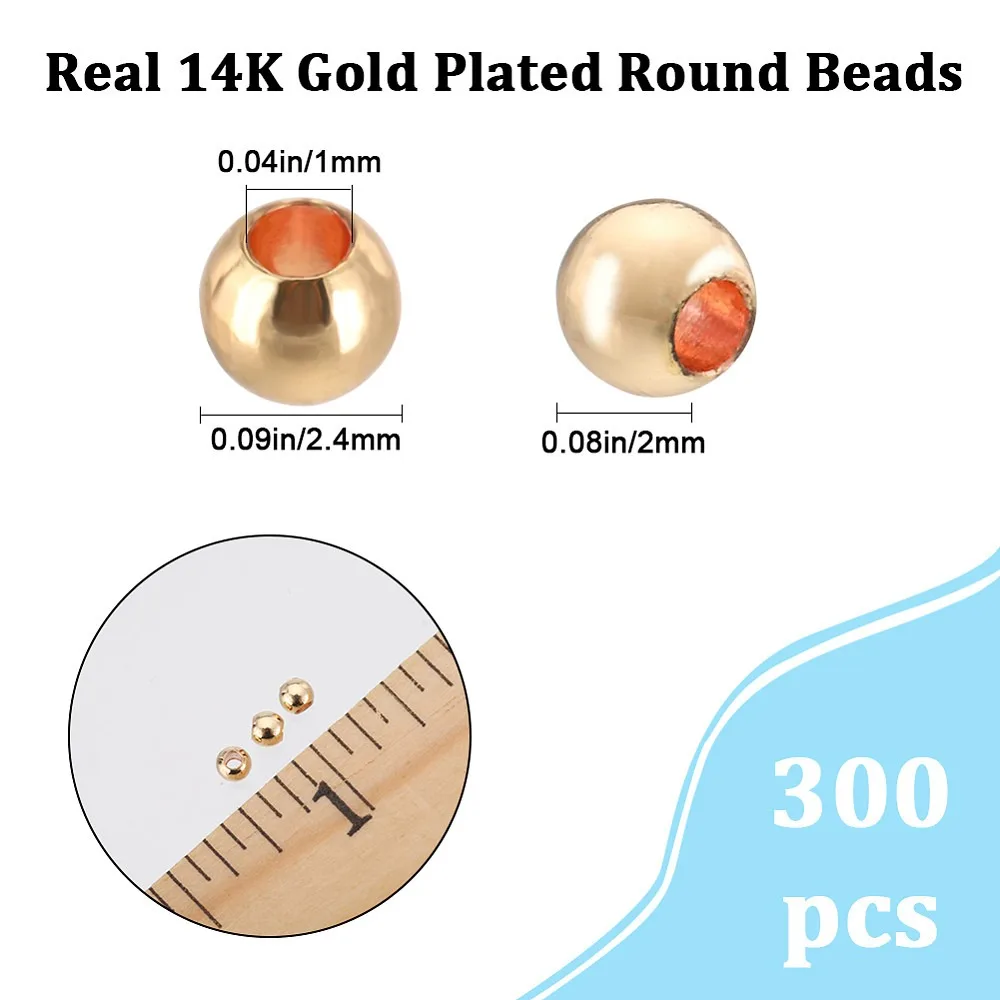 Brass Beads Long-Lasting Plated Round Real 14K Gold Plated 2.4x2mm Hole: 1mm 300pcs/box