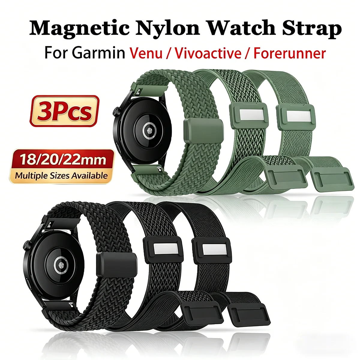 3 Stück 20mm 22mm Nylon-Sportarmband für Garmin Forerunner 255S 265 955 965 245 165 55/Venu 3/4 2S 4S/Vivoactive 5 4S Armband