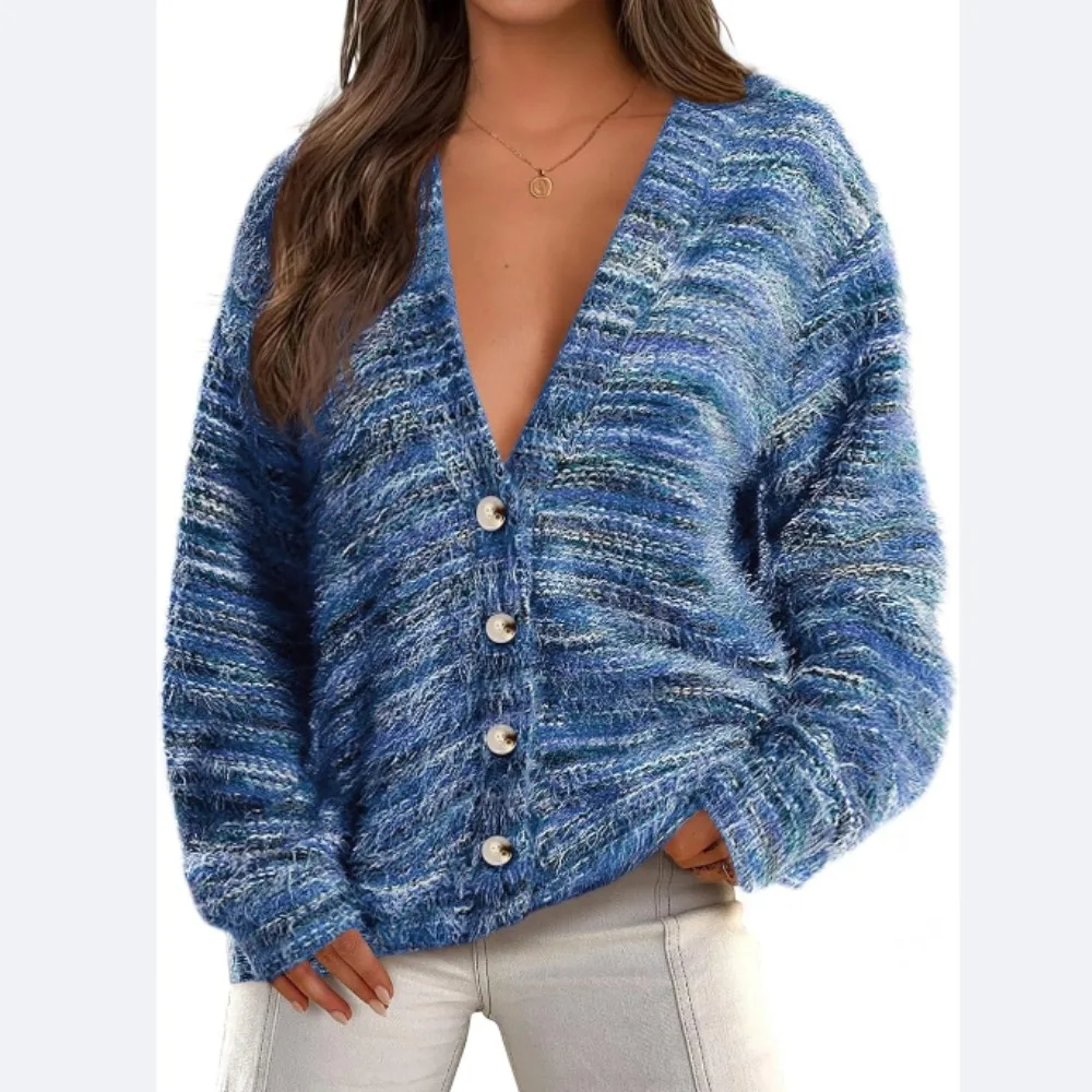 

Fashionable Women's Cardigan Sweater Button V-neck Knitted Plush Soft Warm Winter Clothing Casual Vacation Style