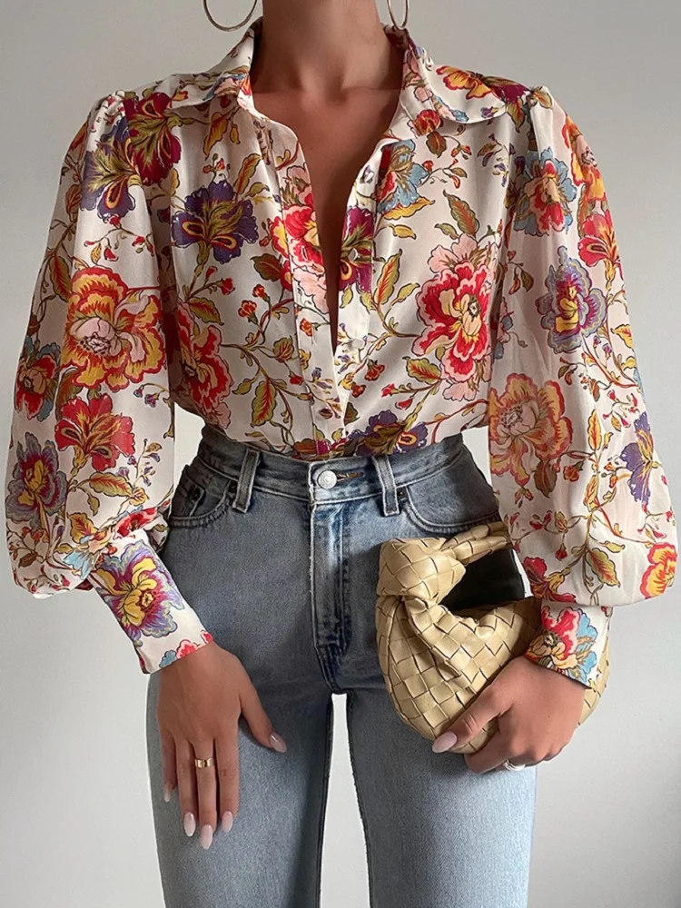 2023 Spring Women Shirt Vintage Elegant Print Lapel Shirts Tops Female Casual Long Sleeve Single-breasted Loose Blouses Shirts