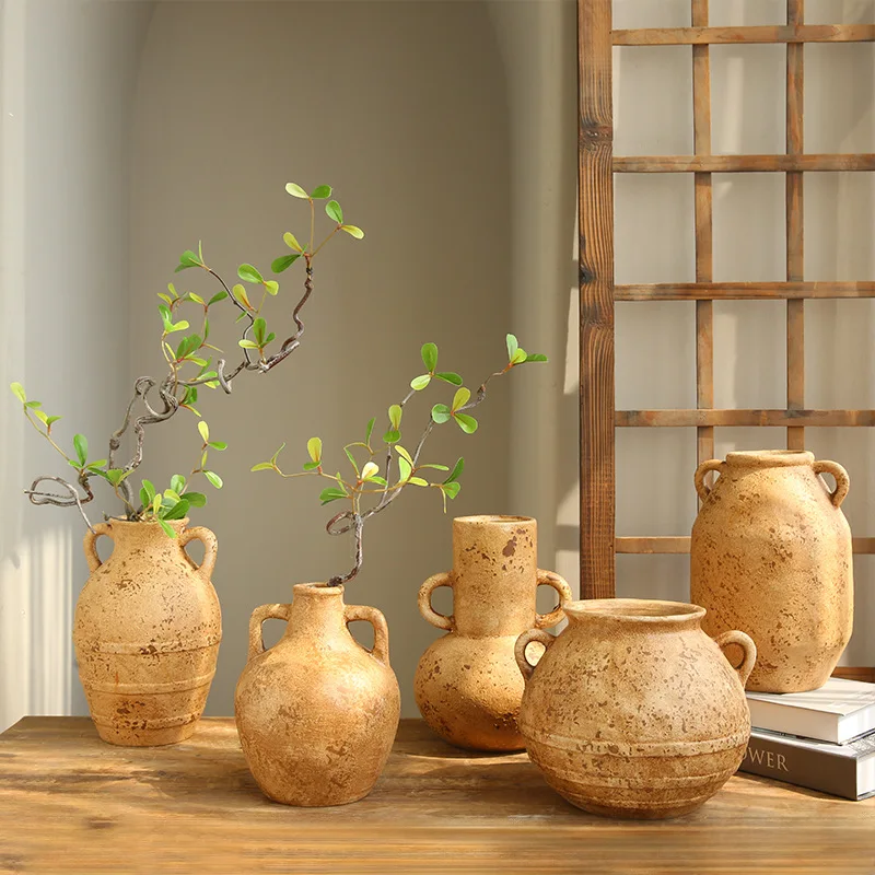 Retro Mottled Japanese Ceramic Vase Living Room Homestay Entrance Ornaments Old Wabi-sabi Countertop Oil Painting Style