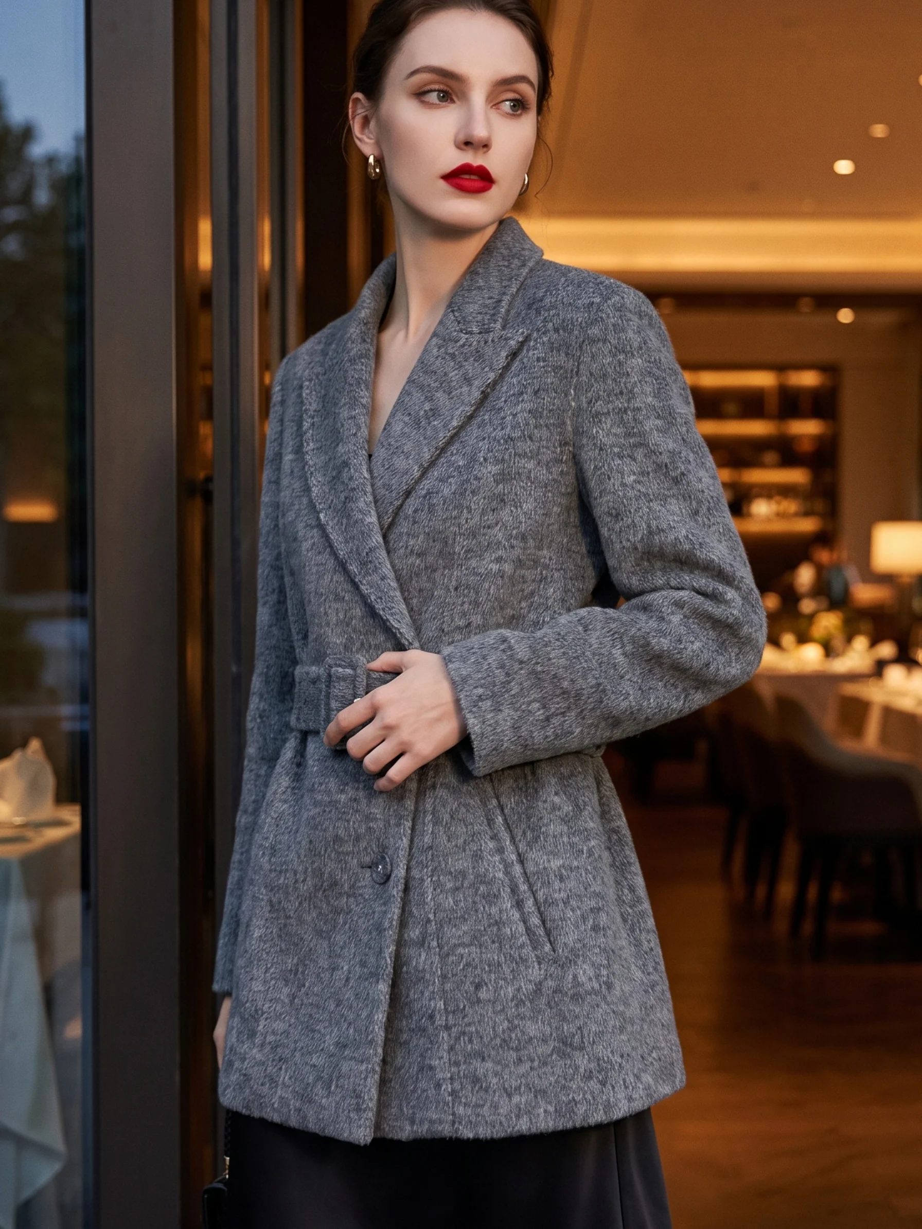 Women Double‑Faced Wool Overcoat 2026 Winter Office Notched Lapel Coat Loose Slim Fit Woolen Outerwear