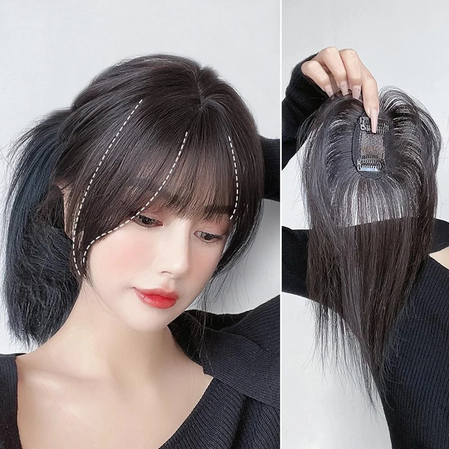 Synthetic hair topper with french bangs straight hairpieces  add hair volume cover white gray hair black brown  10/14inch