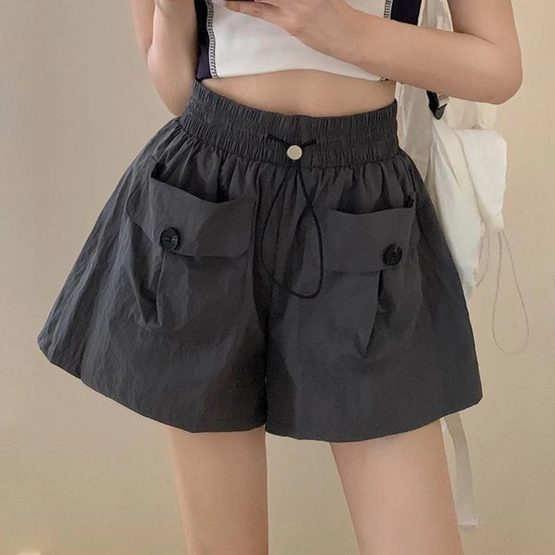 Fashion High Waist College Style Solid Color Large Pocket Casual Shorts For Women