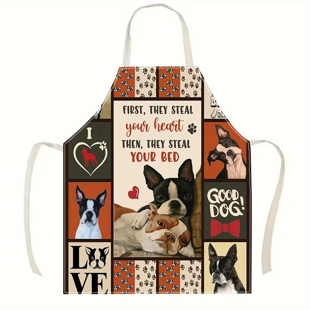 1pc Boston Terrier Dog Apron Linen Pet Lover Kitchen Cooking Baking Smock Adult Chef Gift Dog Owners Animal Art Design