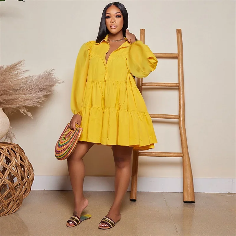 솔리드 캐주얼 긴팔 셔츠 드레스 여성 봄 여름 턴다운 칼라 싱글 브레스티드 러플 루즈 파티 클럽 미니 드레스