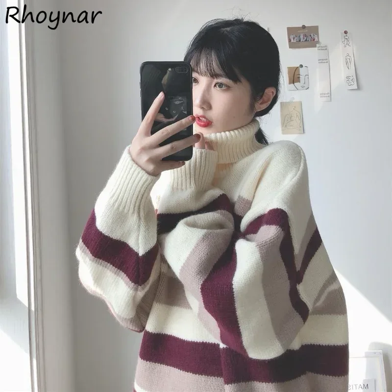 Turtleneck Sweaters Women Vintage Ladies Striped Hot Sale Fall Winter Minimalist Pullovers Student Baggy All-match Knitwear Cozy