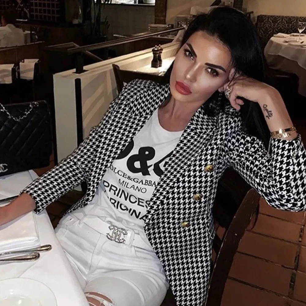 

Winter Black Plaid Blazer Women Slim Jacket Double Breasted Metal Lion Buttons Pink Coat Fashion Female 2025