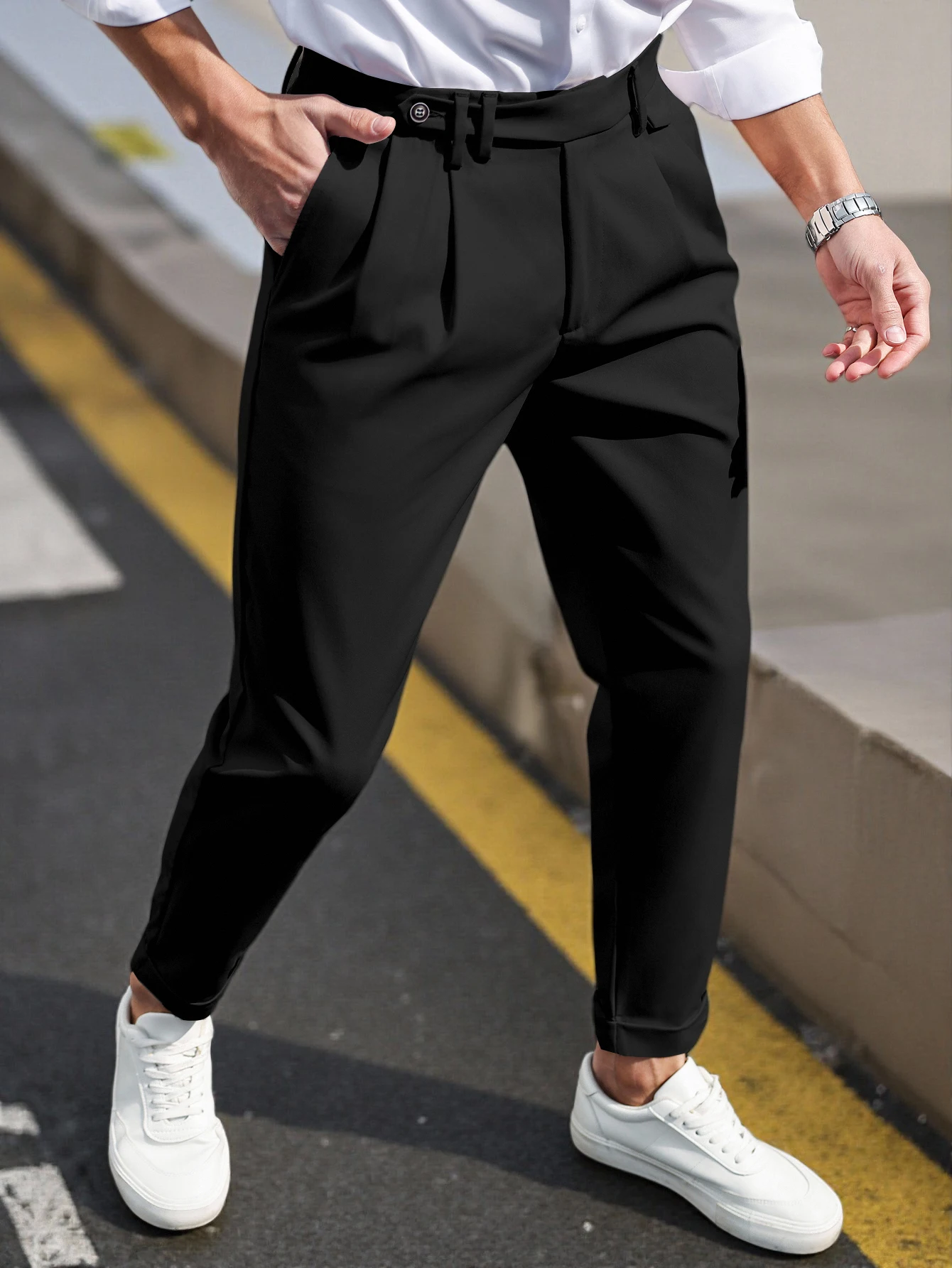 

Men's Gurkha High Waist Pleated Cuffed Tapered Cropped Dress Pants 100% Polyester Business Casual Black Trousers