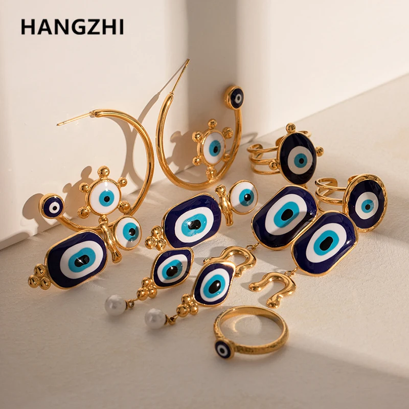 HangZhi Devil\'s Eye Drop Earring Blue Eye Stainless Steel Irregular Gold Color Bohemian Vintage Pendant Jewelry for Women New In