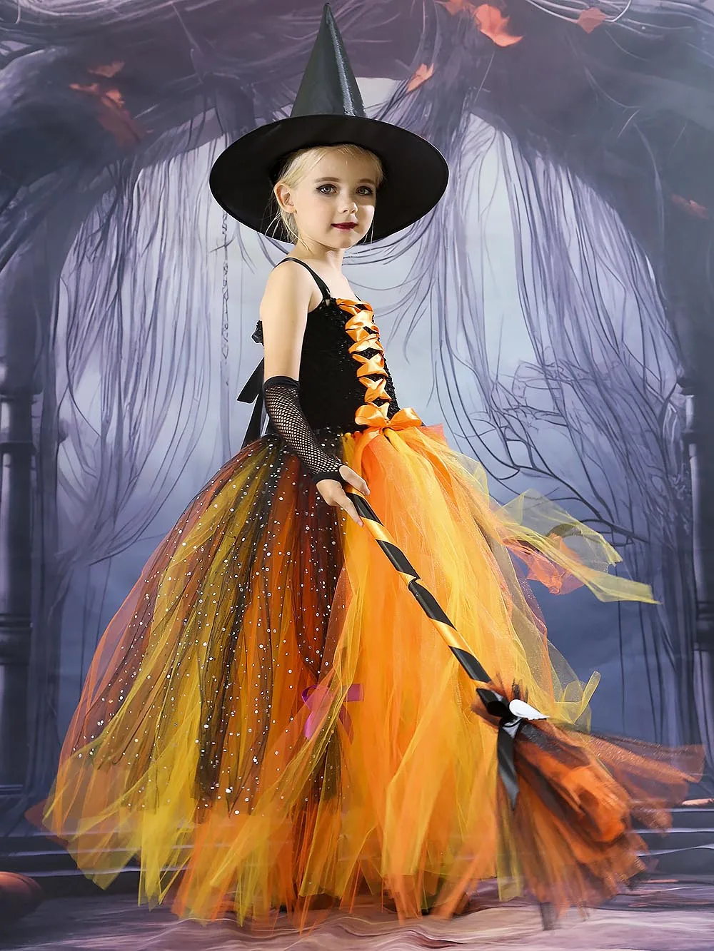 Be-Witched Girls Orange and Yellow Halloween Costume Carnival Cosplay Crafty Witch Costume Tutu Dress for Girl Party Dresses