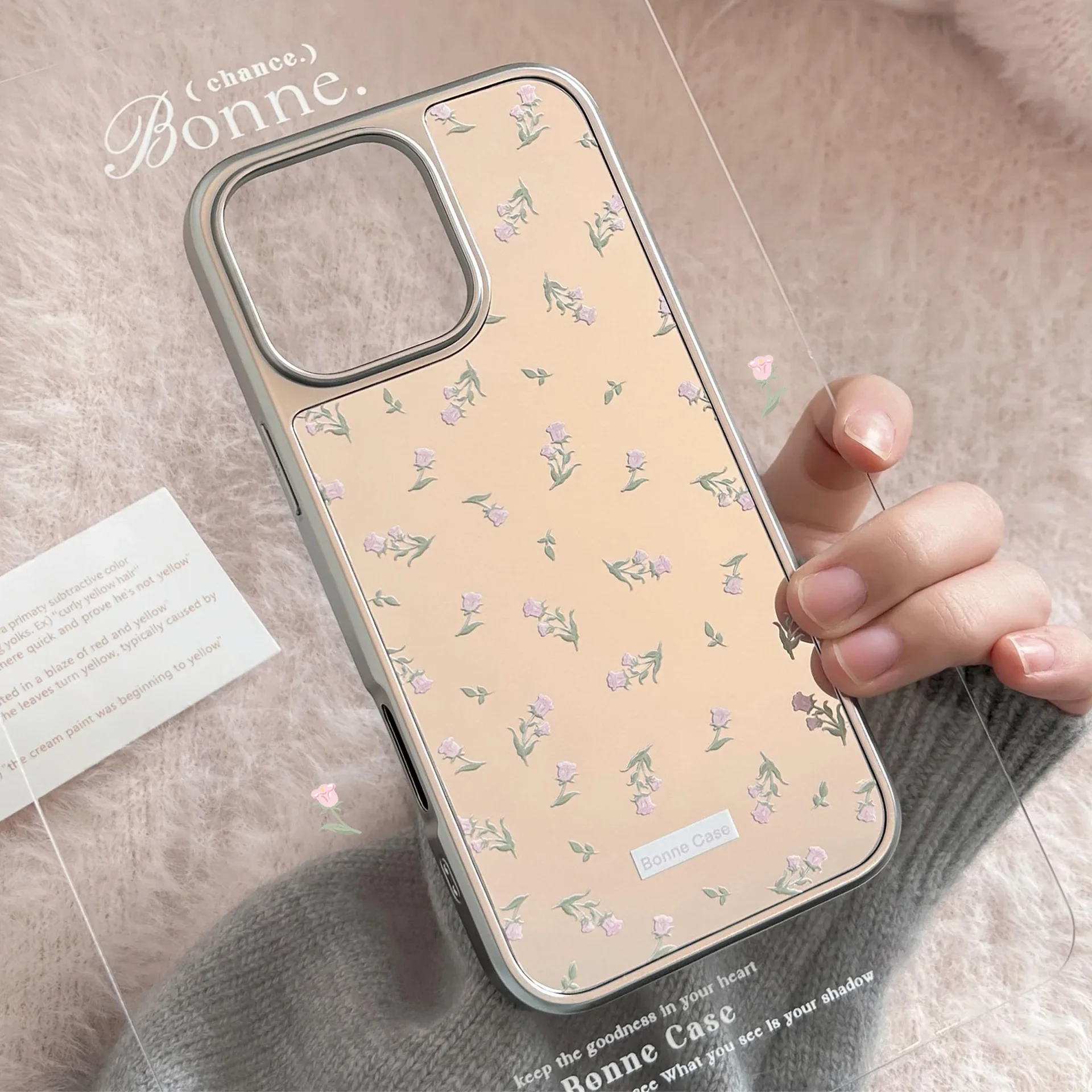 Koreanische rosa Blumen Make-up-Spiegel-Beschichtung Handyhülle für iPhone 17, Air 16, 15, 14, 13, 12, Pro Max, mit Kette, stoßfeste Hartschale