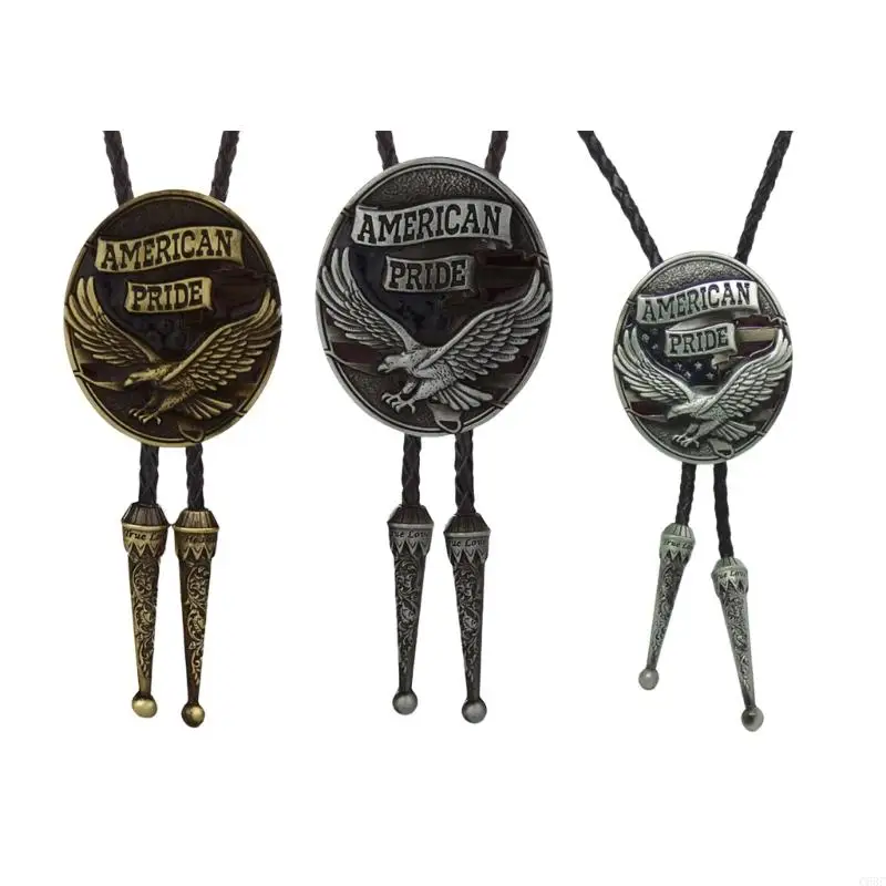 C63C Metal US Shield Leather Bolo Tie Necktie for Men's Stylish Western Outfit