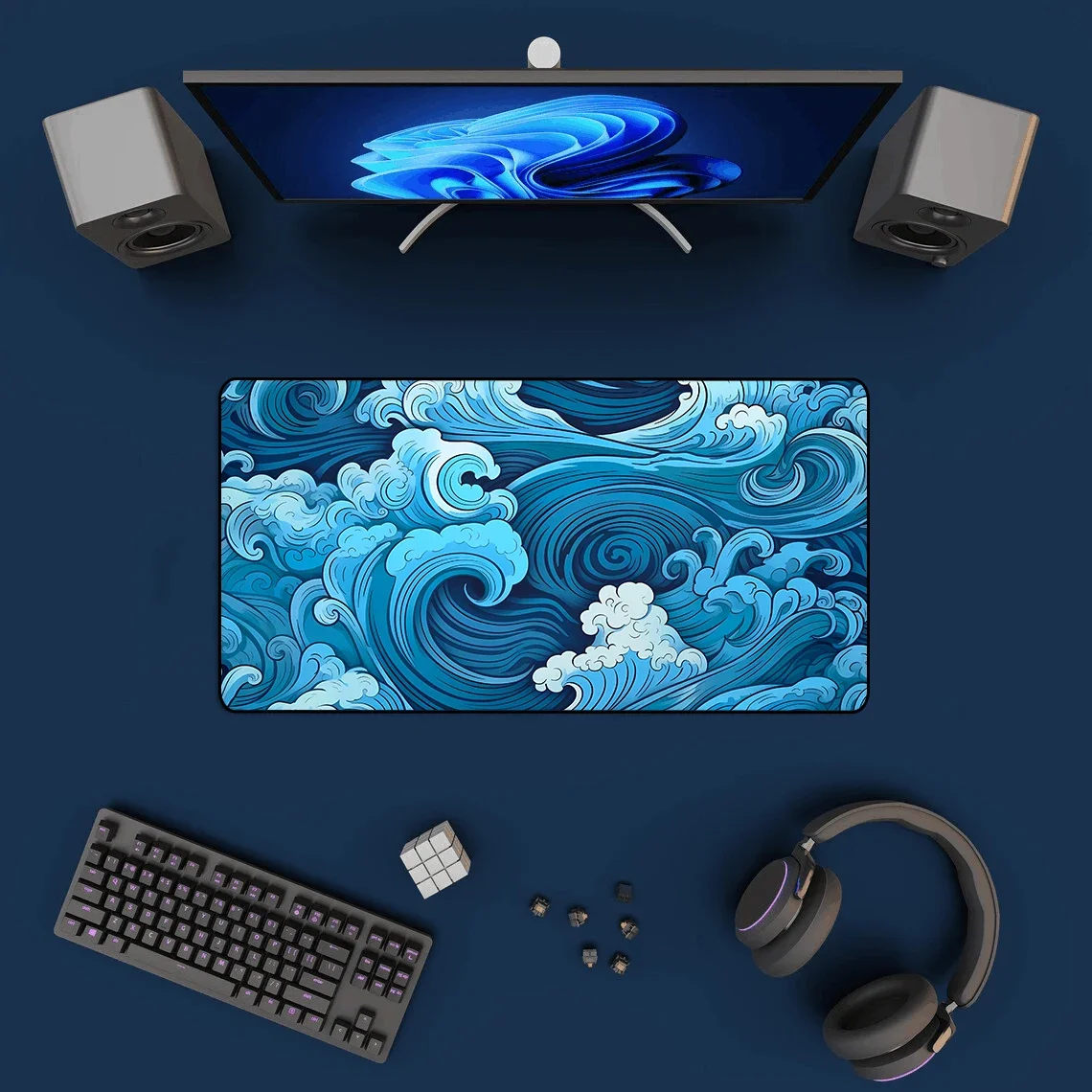 Tapis de souris japonais Blue Waves, art des polymères de bureau, tapis de souris de jeu média, sous-souris de bureau, caoutchouc naturel, polymères de table, accessoires de bureau, 900x400