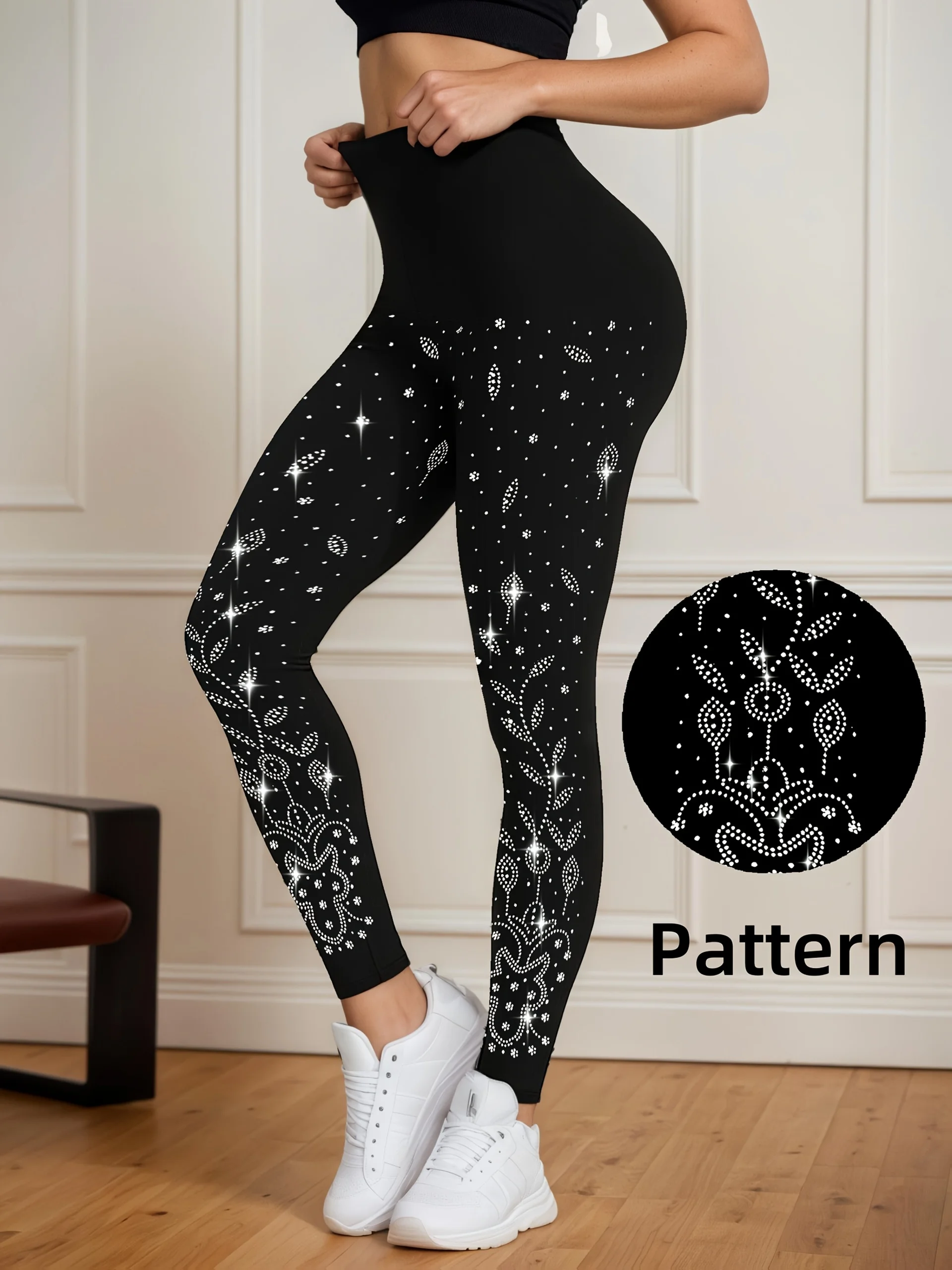 Women Mid‑Rise Fleece Lined Leggings Side Scattered Rhinestone Print Warm Elastic Fitness Casual Pants