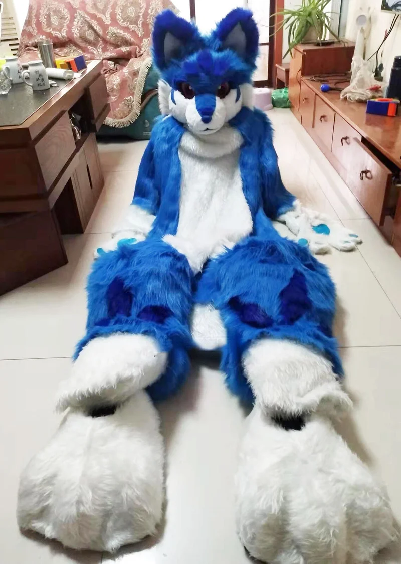 Husky Dog Fox Mascot Costume Stuffed Animals Halloween Blue Long Fur Suit Cosplay Fursuit