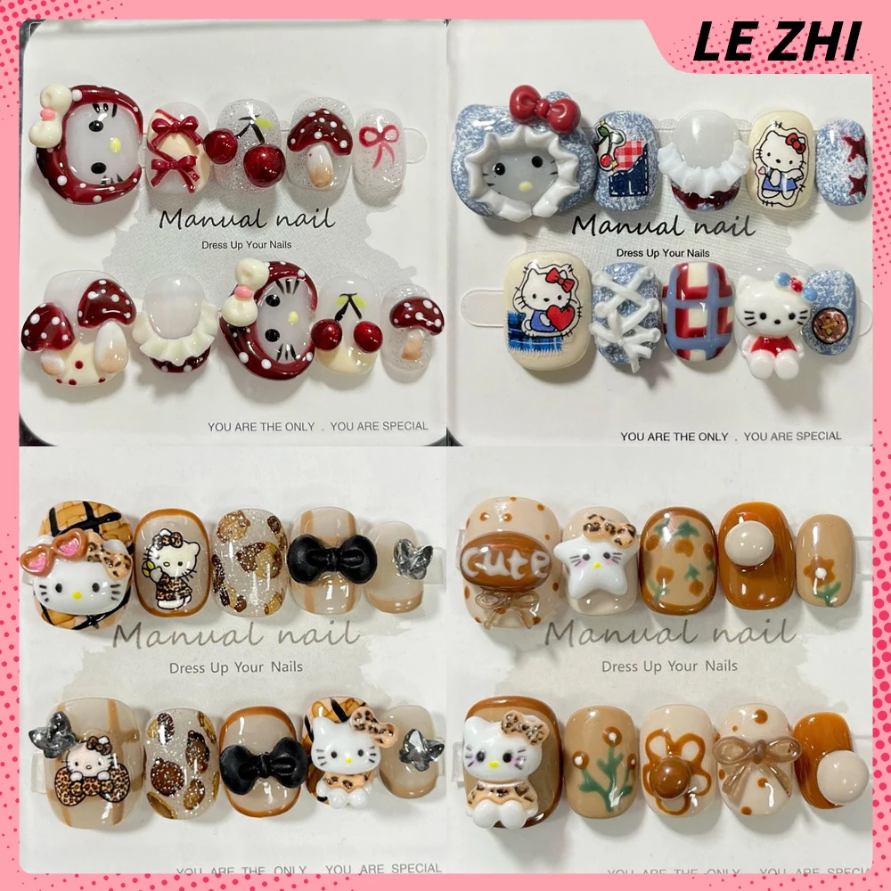 

Cartoon Anime Hello Kitty Series Handmade Short Square Round Fake Nail Bowknot Cherry Apple Flower Stars Cake Fork Press On Nail