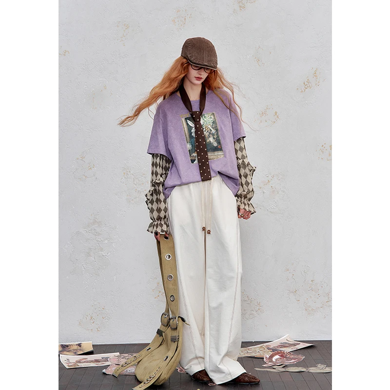 Y2K Long Sleeve Fake Two-Piece Ruffle Sleeve Graphic Top