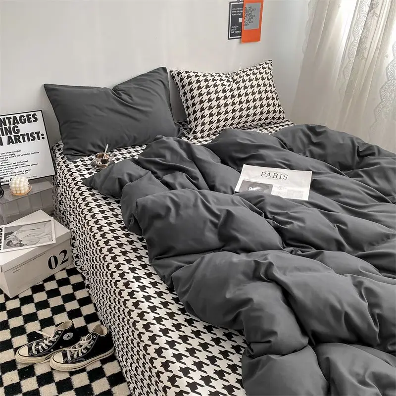 Solid lattice High Quality Washed Cotton Bedding Set Solid Color Flat Sheet No Filling Pillowcase Bed Linens Twin Queen Size