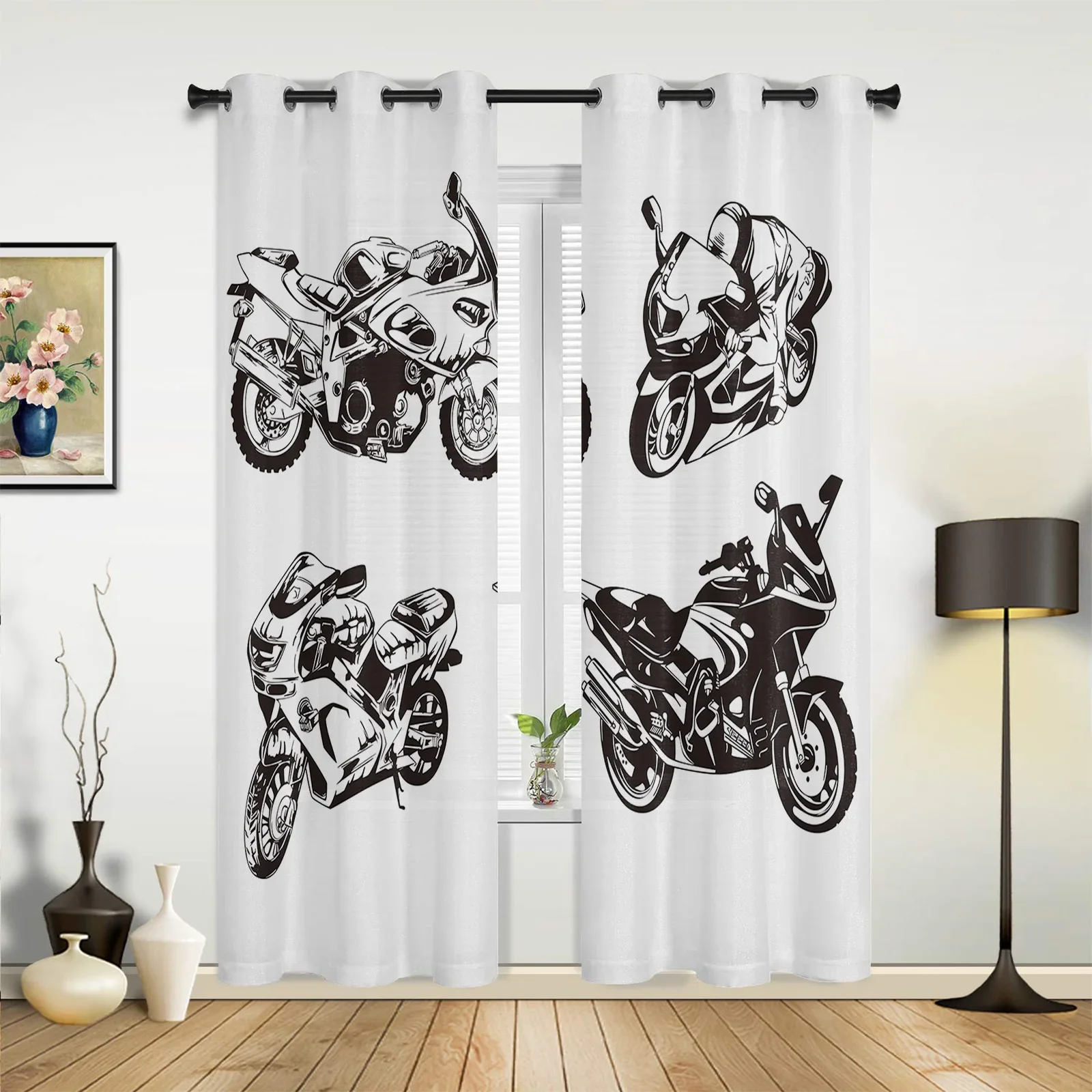 Black And White Motorcycle Locomotive Driver Childrens' Room Curtain Hall Living Room Window Curtain Gift Large Finished Curtain