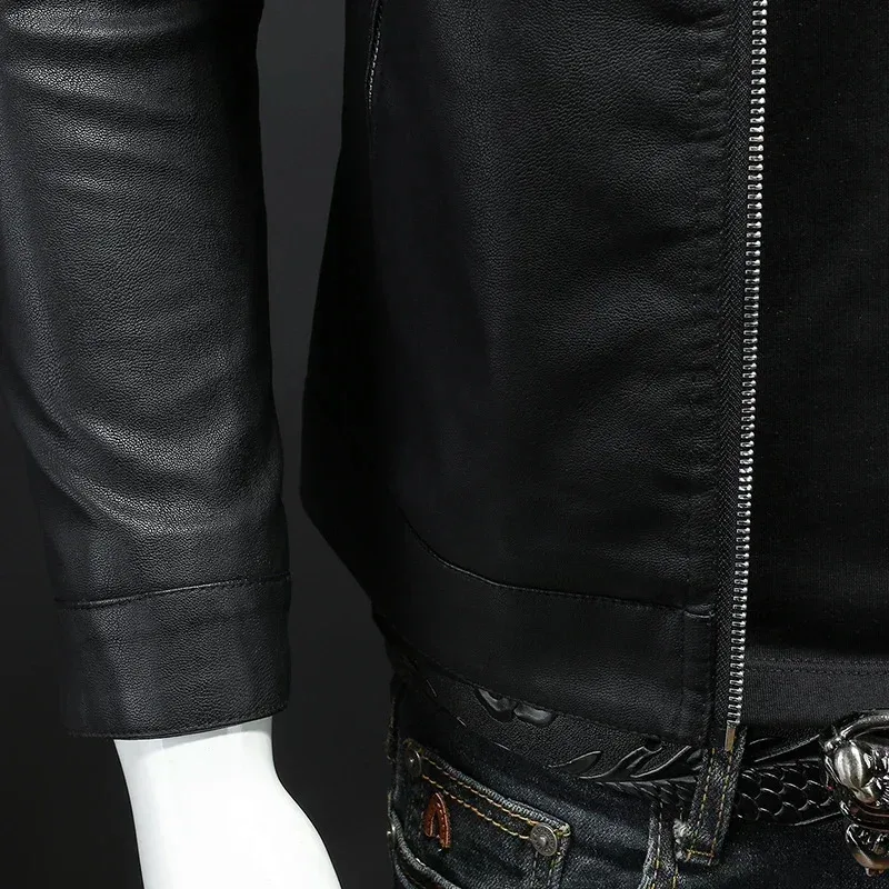 Men's Trendy Stand Collar Leather Jacket Slim Fit Korean Style Spring Autumn Jacket Handsome Men's Fashion Outerwear