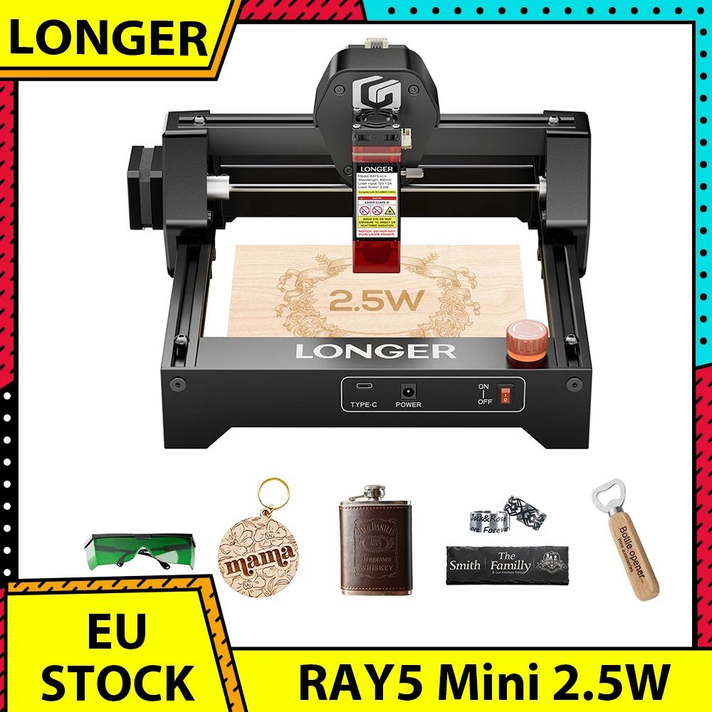 Graveur laser LONGER RAY5 Mini 2,5 W, précision de 0,04 mm, vitesse de 12 000 mm/min, pour bois/acrylique/cuir/métal, 130*140 mm