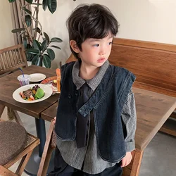 2 PCS set Spring Autumn Boys Clothing set Casual Jean vest+Striped shirt Kids Children baby toddler korea designer clothes 2-9 y
