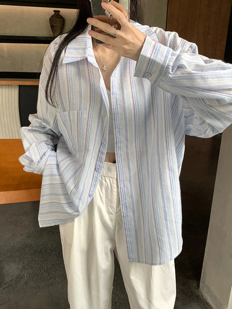 

Sweet Casual Women Striped Shirts Loose Long Sleeve Vintage Cotton Linen Proof Blouse Korean Preppy Style Letter Retro Tops