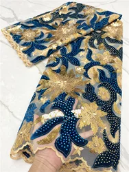 Tessuto di pizzo di velluto africano blu PGC 2024 di alta qualità con ricamo di pietre tessuto di pizzo nigeriano francese per il matrimonio