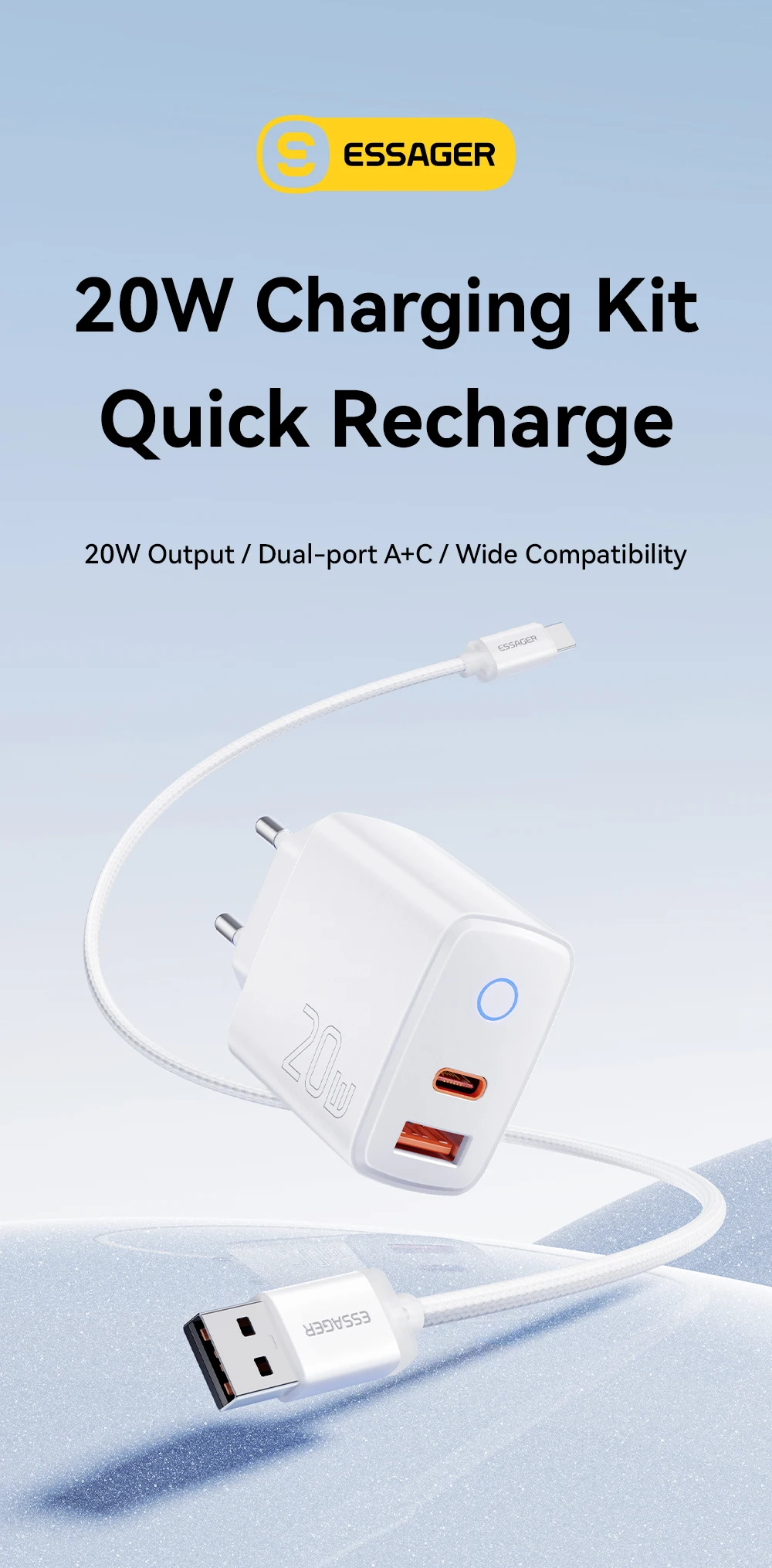 Essager 20W Typ-C Ladegerät-Set für iPhone 17 16 15 Xiaomi PD 3A Typ-C Lightning Micro Kabel Schnellladegerät für iPhone 14 iPad – Detail 2