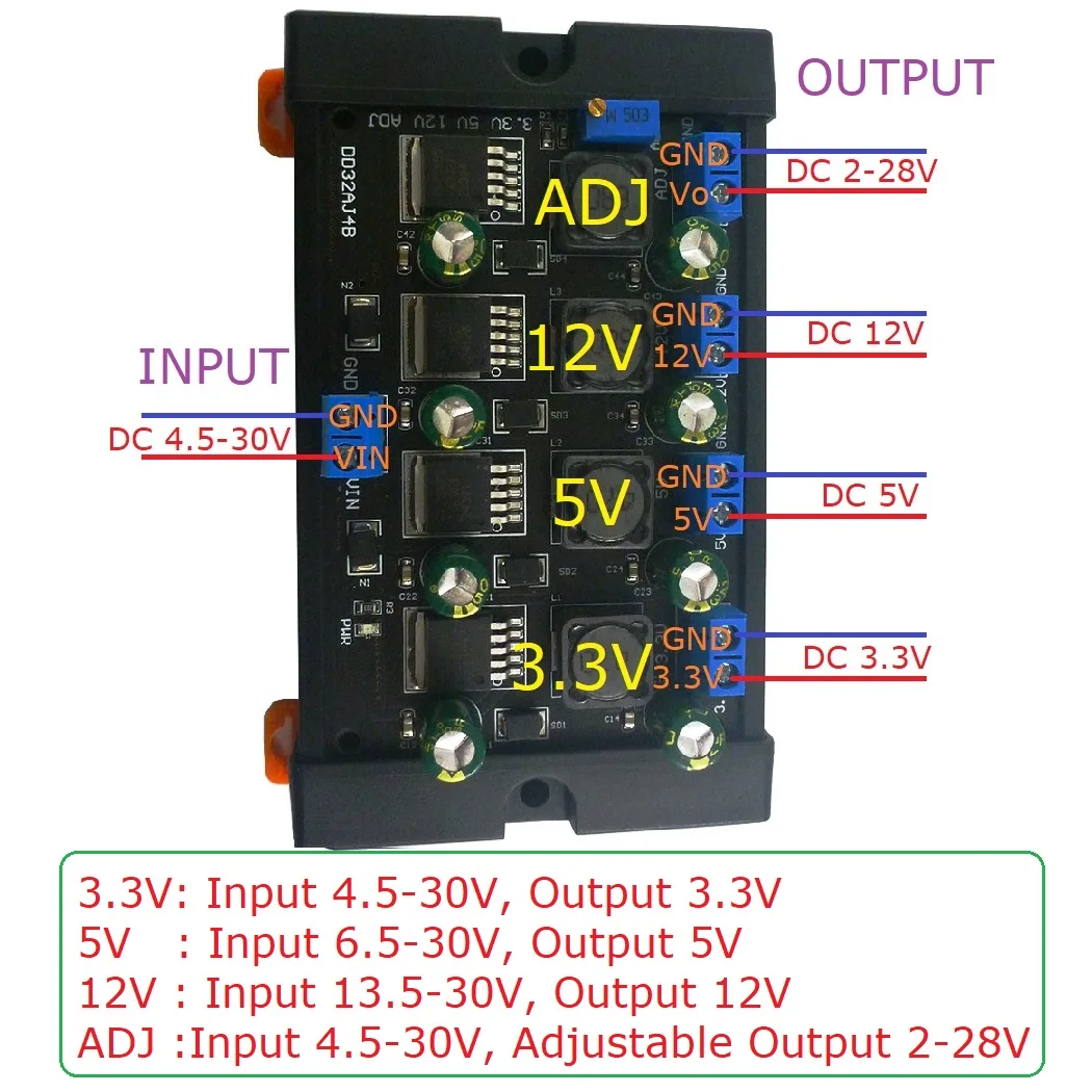 DC Buck Converter Module 4CH 3A 3.3V 5V 12V ADJ DC Multiple Switching Power Supply with DIN Rail Case for PLC UPS Power Bank diy